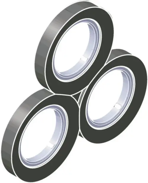 Drei schwarze Dichtungen mit einer glatten Oberfläche und einem Innenrand, platziert in einem dreidimensionalen Layout. Produkt von Hansgrohe.
